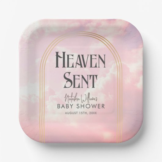 Heaven Sent Pink Clouds Gold Arch Baby Dusche Pappteller (Vorderseite)