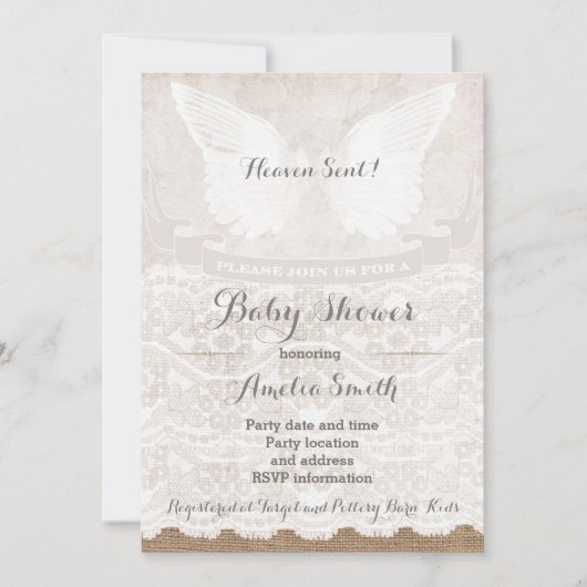 Heaven Sent Silver Taupe Angel Baby Dusche Einladung (Vorderseite)