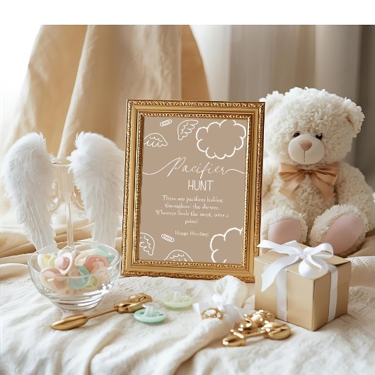 Heavenly baby shower beige Pacifier Hunt game Einladung