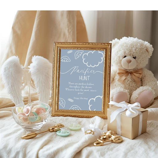 Heavenly baby shower blue Pacifier Hunt game Einladung