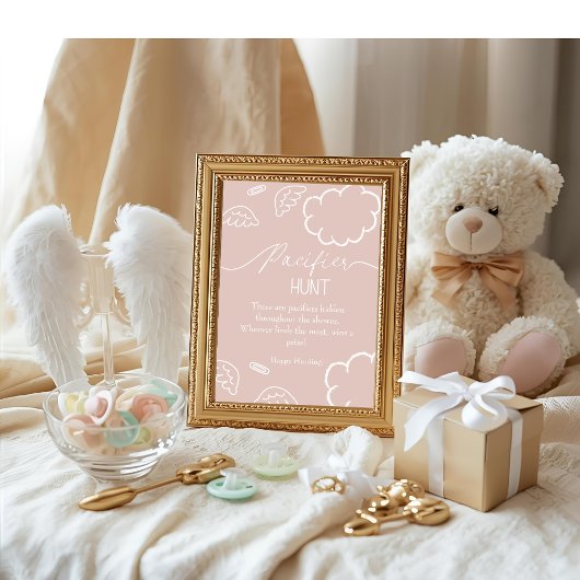 Heavenly baby shower Pink Pacifier Hunt game Einladung