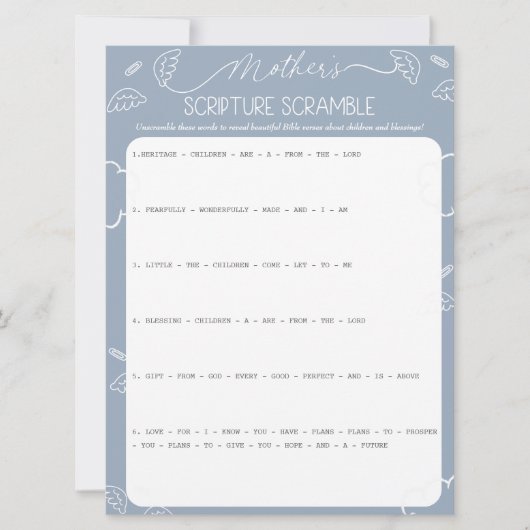 Heavenly Blue Mother's Scripture Scramble Game Einladung (Vorderseite)