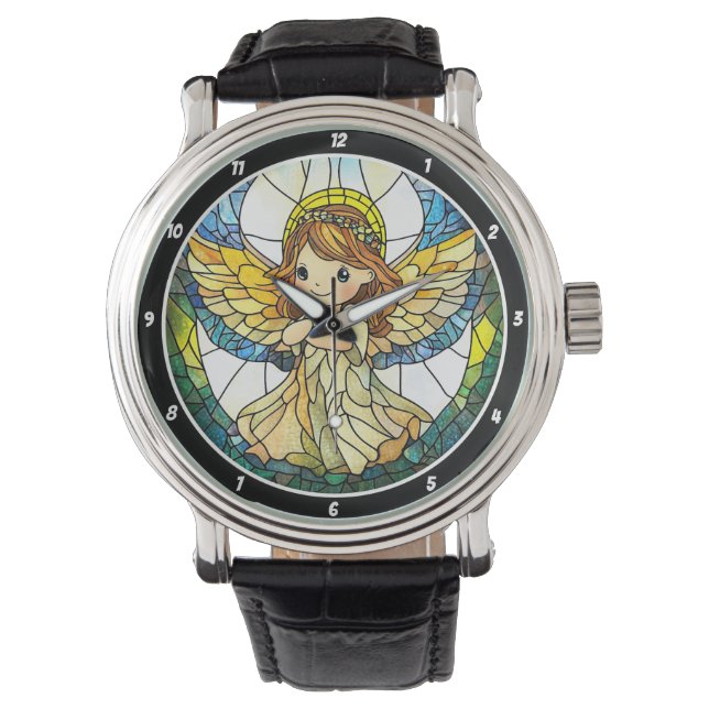 Heavenly Hues" - Stained Glass Angel Wall  Armbanduhr (Vorderseite)