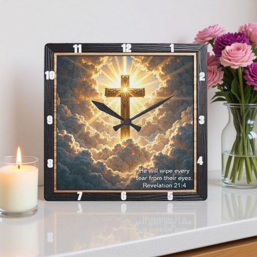 Heaven's Gate Golden Cross Cloud Revelation 21:4 Quadratische Wanduhr