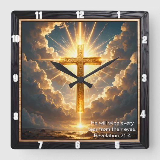 Heaven's Gate Golden Cross Sunset Revelation 21:4 Quadratische Wanduhr (Vorderseite)