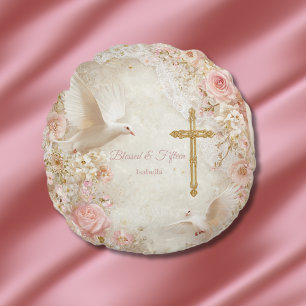 Heaveny Blush & Gold Quince, kundenspezifisch Rundes Kissen