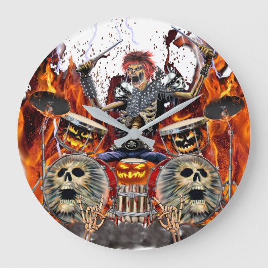HEAVY METAL ZOMBIE DRUMMER GROßE WANDUHR (Vorderseite)