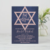 Hebräische Rose Gold Pink Navy Blue Star Bat Mitzv Einladung (Stehend Vorderseite)