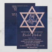 Hebräische Rose Gold Pink Navy Blue Star Bat Mitzv Einladung (Vorne/Hinten)
