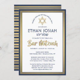 Hebräischer Name Bar Mitzvah Elegant Gold White & Einladung