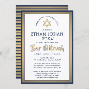 Hebräischer Name Bar Mitzvah Elegant Gold White & Einladung