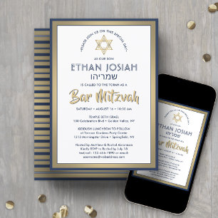 Hebräischer Name Bar Mitzvah Elegant Gold White &  Einladung