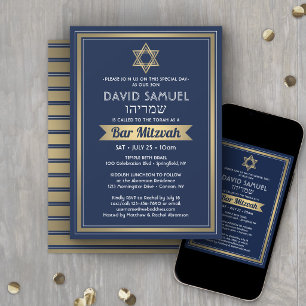 Hebräischer Name Bar Mitzvah Navy Blue White & Gol Einladung