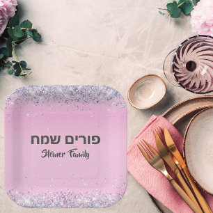 Hebrew Happy Purim Niedlich Pink Glitzer Pappteller