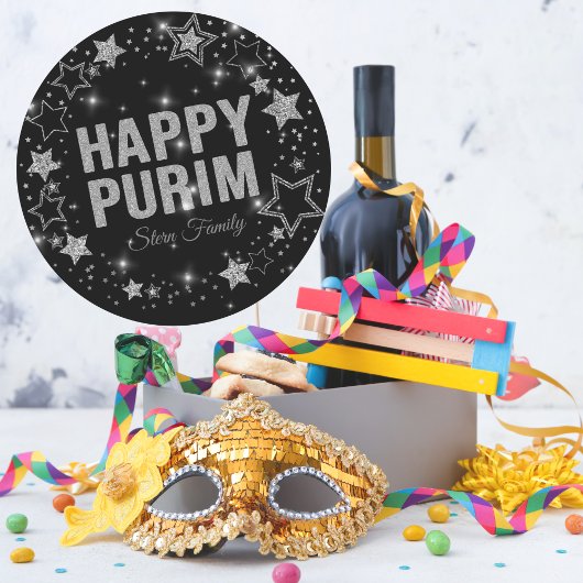 Hebrew Happy Purim Silver Glitzer Sparkle Runder Aufkleber
