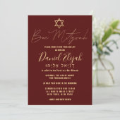 Hebrew Modern Simple Gold Burgundy Red Bar Mitzvah Einladung (Stehend Vorderseite)