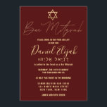 Hebrew Modern Simple Gold Burgundy Red Bar Mitzvah Einladung<br><div class="desc">Diese elegante und stilvolle Bar Mitzvah-Einladung ist die perfekte Wahl für Ihren Sohn an seinem besonderen Tag. Es zeichnet sich durch ein schlichtes und modernes Imitat Rose Gold Typografie Design mit dem Stern von David auf einem bordeauxroten Hintergrund aus. Es zeigt auch eine benutzerdefinierte Typografie des hebräischen Namens Ihres Kindes...</div>
