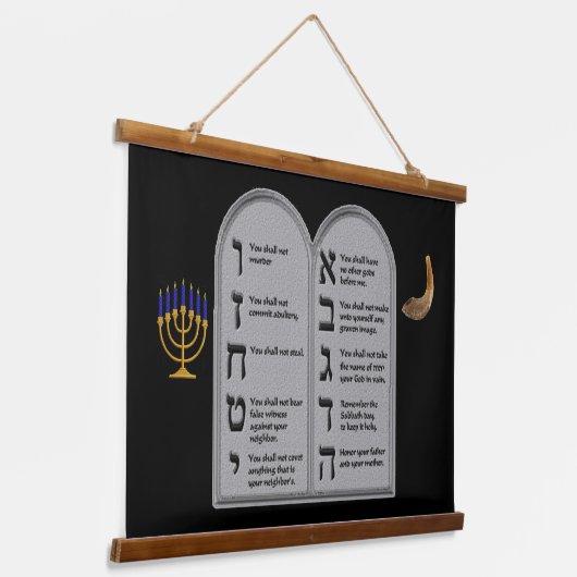 HEBREW NUMBERED TEN COMMANDMENTS WANDTEPPICH MIT HOLZRAHMEN (Gewinkelt)