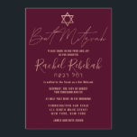 Hebrew Simple Rose Gold Burgundy Red Bat Mitzvah Einladung<br><div class="desc">Diese elegante, minimalistische und schicke Bat Mitzvah Einladung ist die perfekte Wahl für Ihre Tochter an ihrem besonderen Tag. Es zeichnet sich durch ein schlichtes und modernes Imitat Rose Gold Typografie Design mit dem Stern von David auf einem bordeauxroten Hintergrund aus. Es zeigt auch eine benutzerdefinierte Typografie des hebräischen Namens...</div>