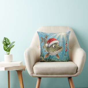 Hecht mit Weihnachtsmannmütze Kissen