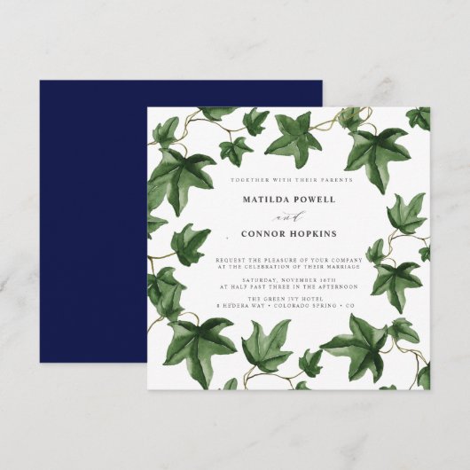 Hedera | Green Ivy Blätter Navy Botanische Hochzei Einladung (Vorne/Hinten)