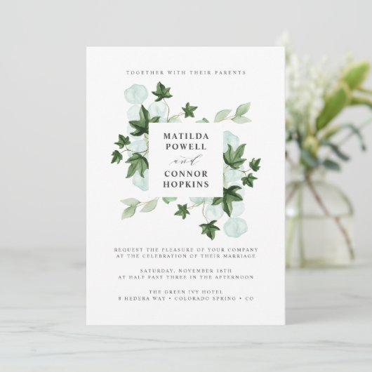 Hedera | Green Ivy Gray Botanical Wedding Einladung (Stehend Vorderseite)