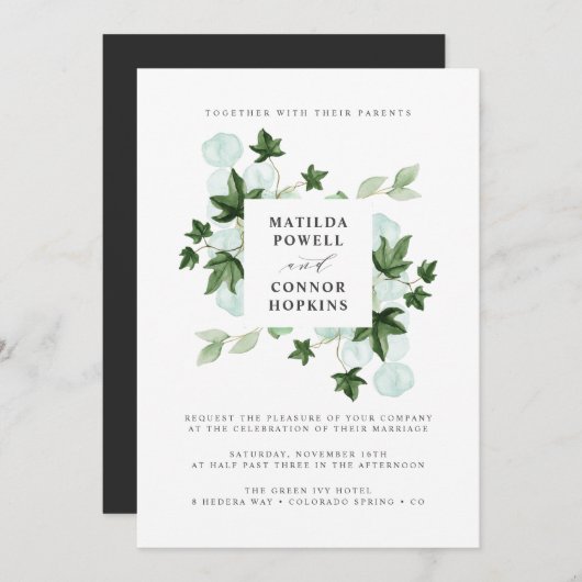 Hedera | Green Ivy Gray Botanical Wedding Einladung (Vorne/Hinten)