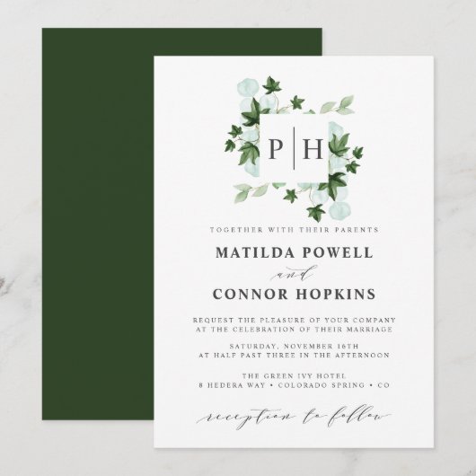 Hedera Monogram | Ivy Eucalyptus Botanical Wedding Einladung (Vorne/Hinten)