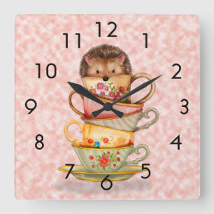 Hedgehog and Colorful Teacups on Pink Wall Clock Quadratische Wanduhr