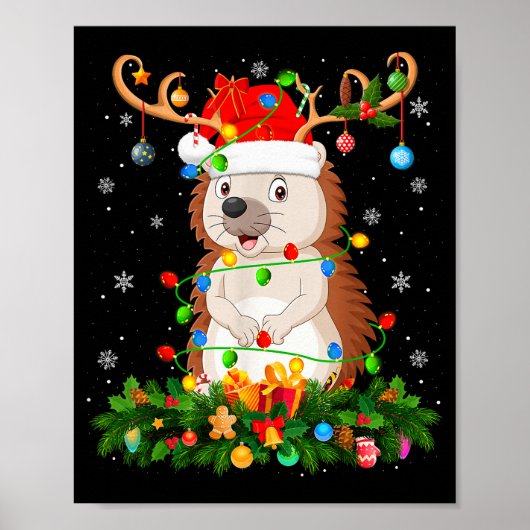 Hedgehog Christmas Lights Reindeer Santa Hat Adult Poster (Vorne)