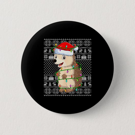 Hedgehog Christmas Lights Ugly Sweater Funny Santa Button (Vorderseite)
