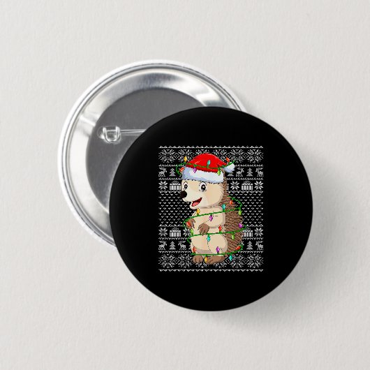 Hedgehog Christmas Lights Ugly Sweater Funny Santa Button (Vorne & Hinten)