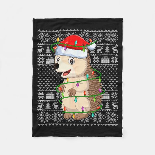 Hedgehog Christmas Lights Ugly Sweater Funny Santa Fleecedecke (Vorderseite)