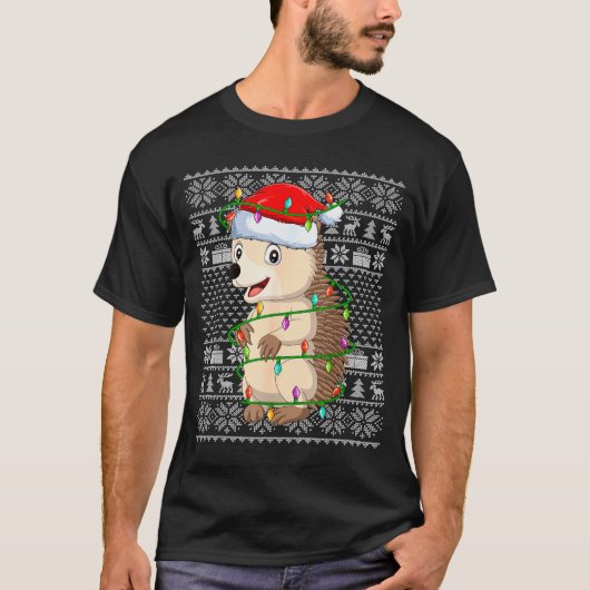 Hedgehog Christmas Lights Ugly Sweater Funny Santa T-Shirt (Vorderseite)