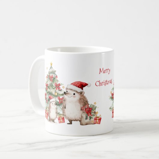 Hedgehog Christmas Tree Presents Mug Kaffeetasse (Vorderseite Links)