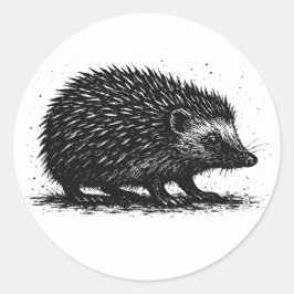 Hedgehog Ink Illustration — Black & White Creature Runder Aufkleber