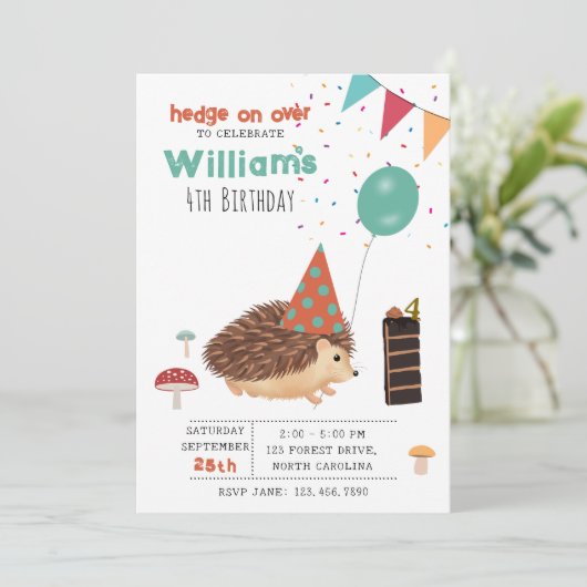 Hedgehog Mushroom Woodland Forest Balloon Birthday Einladung (Stehend Vorderseite)