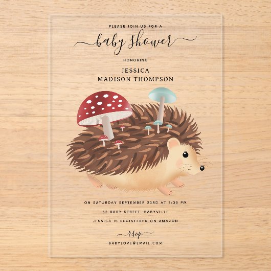 Hedgehog Mushroom Woodland Funny Baby Shower Acryleinladungen (Vorderseite)