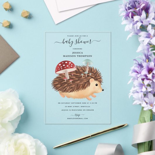 Hedgehog Mushroom Woodland Funny Baby Shower Acryleinladungen (In Situ (Hochzeit))