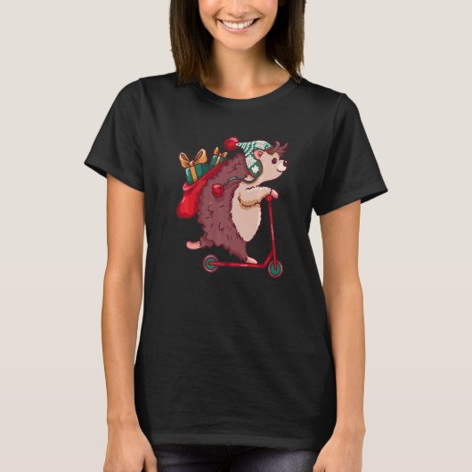 Hedgehog On Scooter With Bag Christmas Hedgehog T-Shirt (Vorderseite)