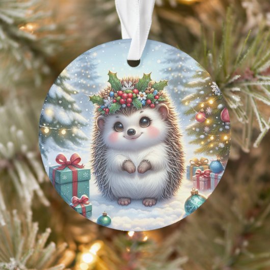 Hedgehog with Holly Wreath & Tree Lights Ornament (Baum)