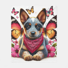 Heeler Puppy umgeben von Schmetterlingen und Blume Fleecedecke