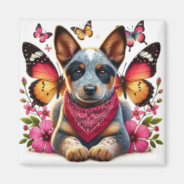 Heeler Puppy umgeben von Schmetterlingen und Blume Magnet