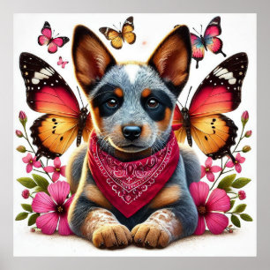 Heeler Puppy umgeben von Schmetterlingen und Blume Poster