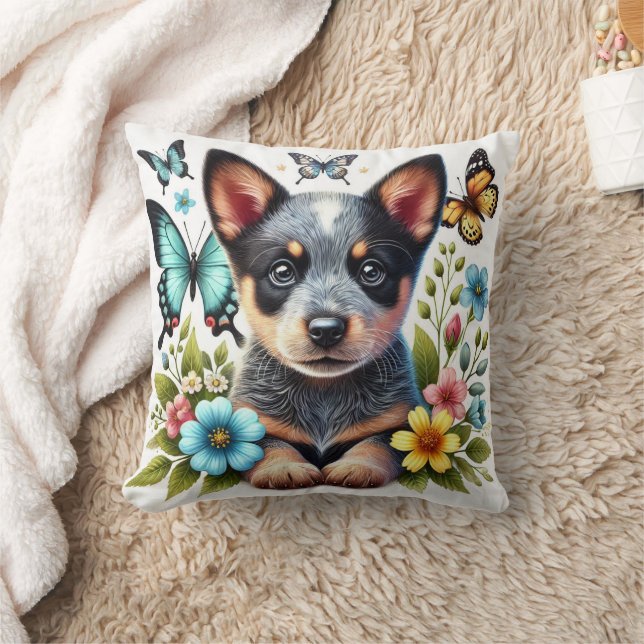 Heeler Welpe mit Schmetterlingen und Blume Kissen (Decke)