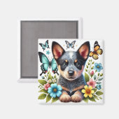 Heeler Welpe mit Schmetterlingen und Blume Magnet (Vorderseite/Rückseite)
