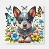 Heeler Welpe mit Schmetterlingen und Blume Magnet (Vorne)