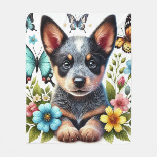 Heeler-Welpe mit Schmetterlingen und Blumen Fleecedecke
