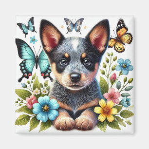 Heeler-Welpe mit Schmetterlingen und Blumen Magnet
