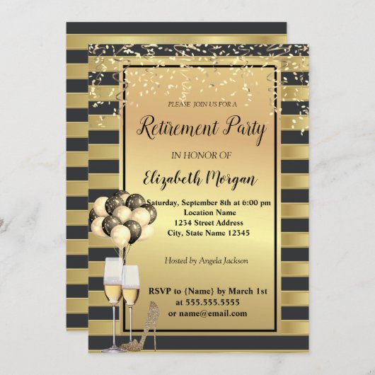 Heels, Glas, Ballons, Gold Streifen Pensionskapita Einladung (Vorne/Hinten)